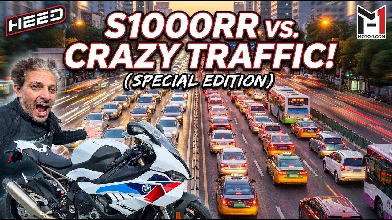 Adam Waheed beside a Light White M Motorsport 2025 BMW S1000RR in Moto-1 thumbnail art of heavy city traffic