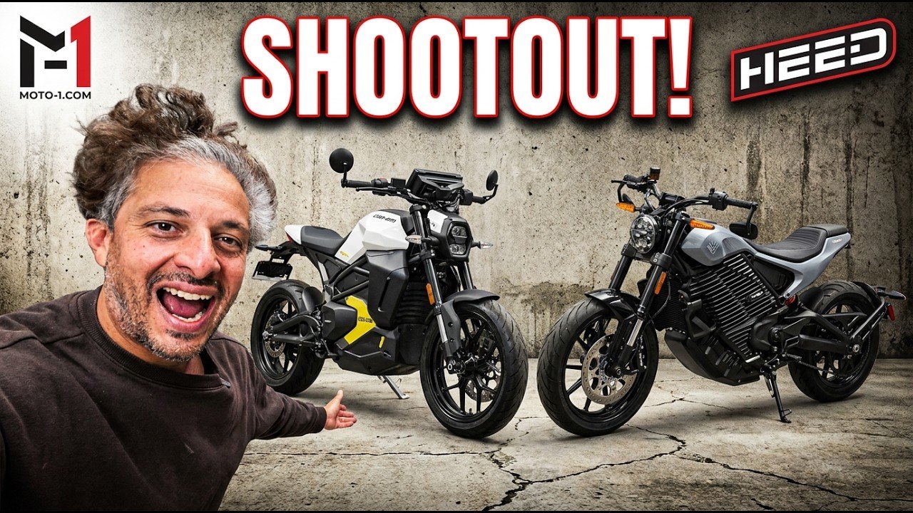 Adam Waheed with a white 2025 Can-Am Pulse and a silver 2026 LiveWire S2 Alpinista electric motorcycle
