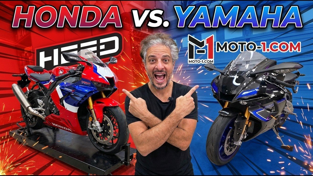 Adam Waheed points at a red, white and blue 2026 Honda CBR1000RR-R Fireblade SP and a black and blue 2026 Yamaha YZF-R1M in Honda vs. Yamaha thumbnail art