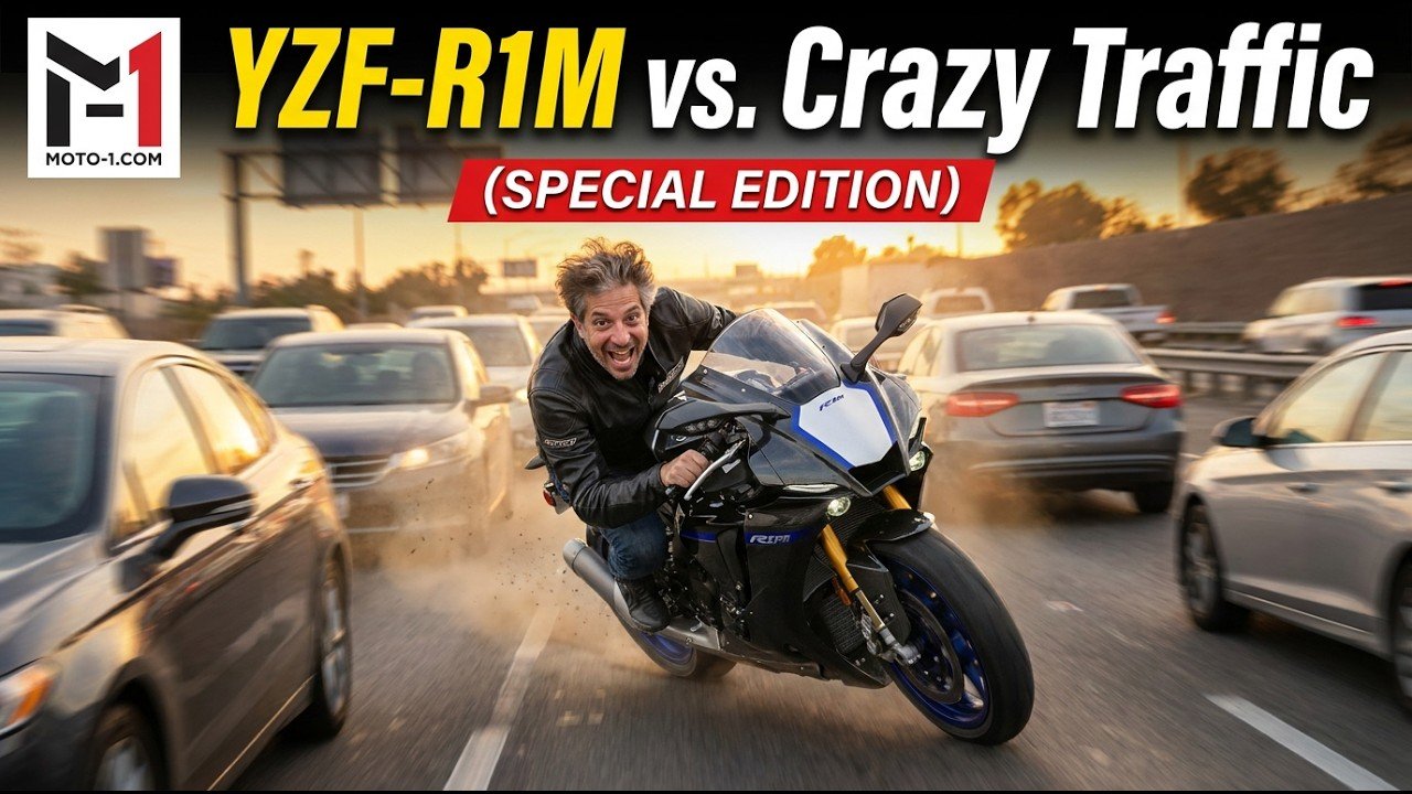 Adam Waheed riding a carbon-fiber 2026 Yamaha YZF-R1M through freeway traffic in Moto-1 thumbnail art