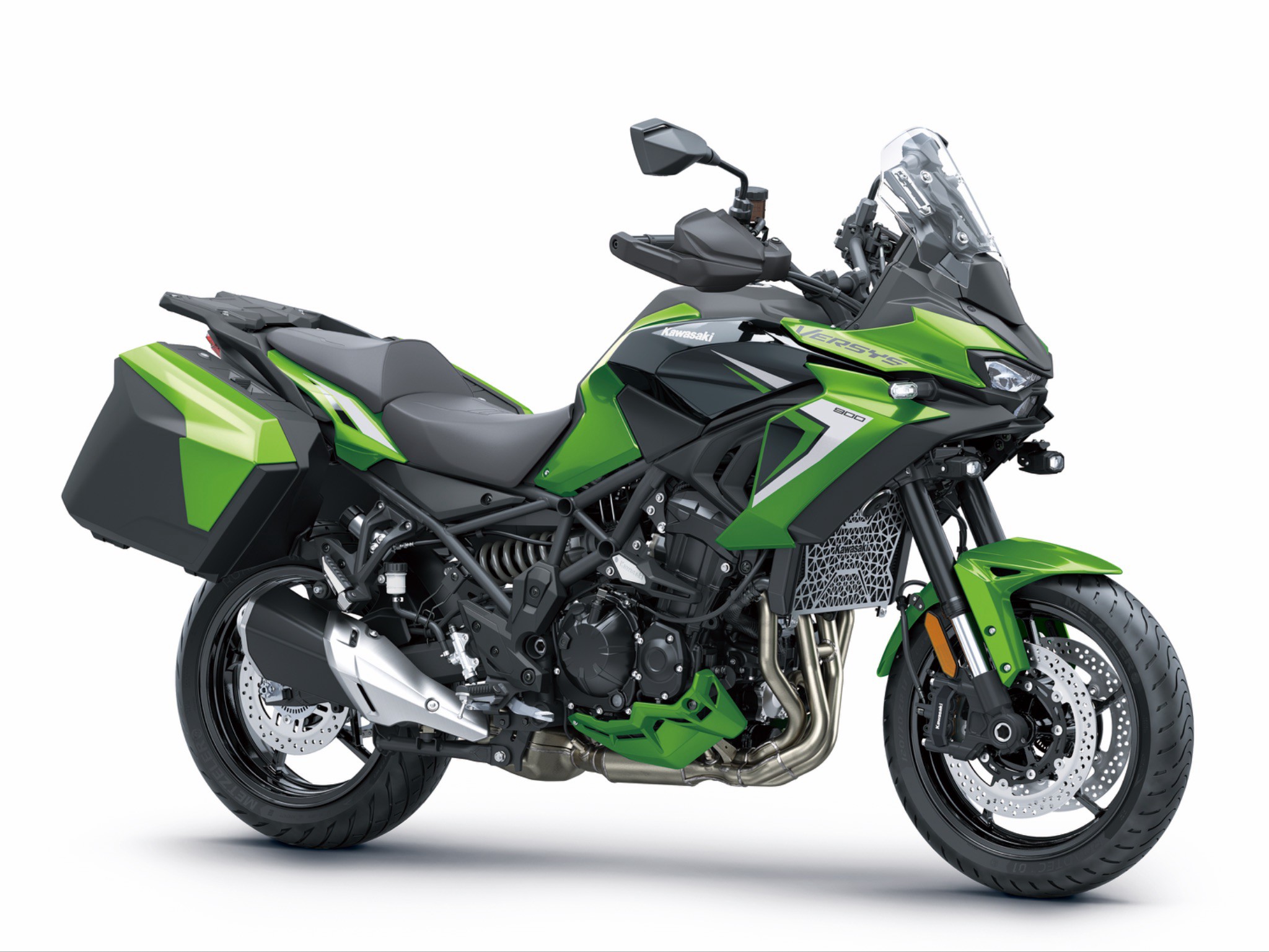 2027 Kawasaki Versys 900 SE LT ABS in green and black with standard side cases, studio right-side profile