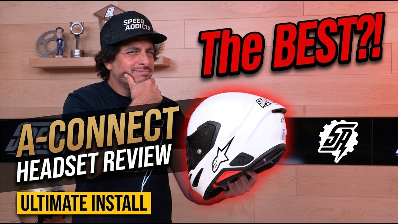 Adam Waheed with a white Alpinestars Supertech R7 helmet next to A-Connect headset review graphics