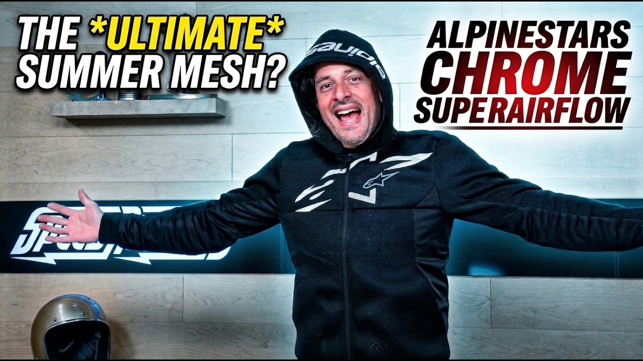 Adam Waheed in a black Alpinestars Chrome Superairflow mesh motorcycle hoodie with 'The Ultimate Summer Mesh?' text