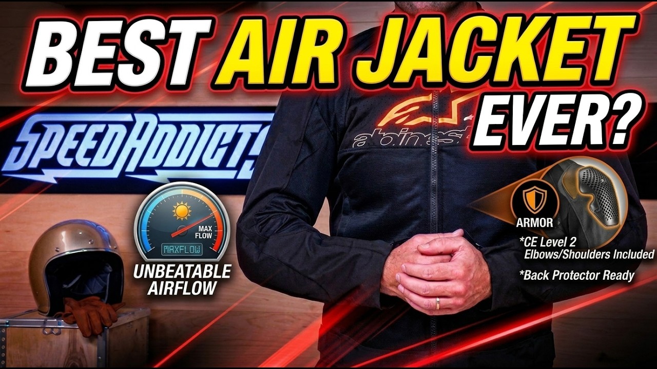 Rider wearing a black Alpinestars SMX Air textile mesh motorcycle jacket with 'Best Air Jacket Ever?' text