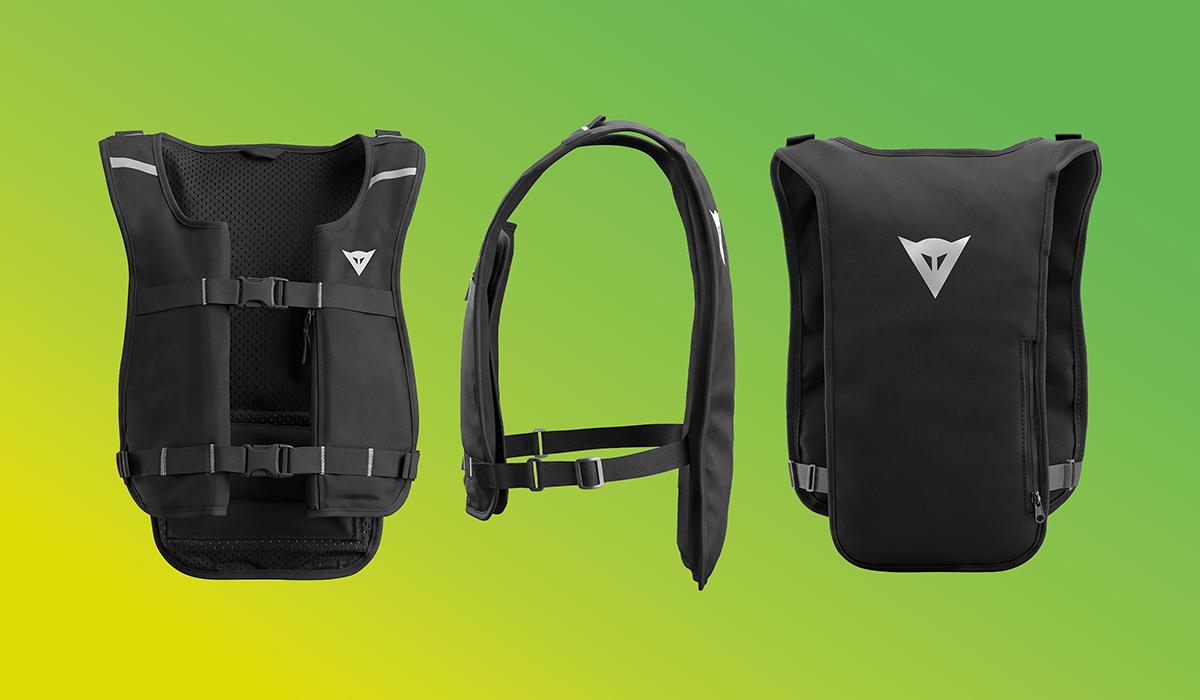 Dainese Smart GO electronic motorcycle airbag vest shown from front, side and back on a yellow background