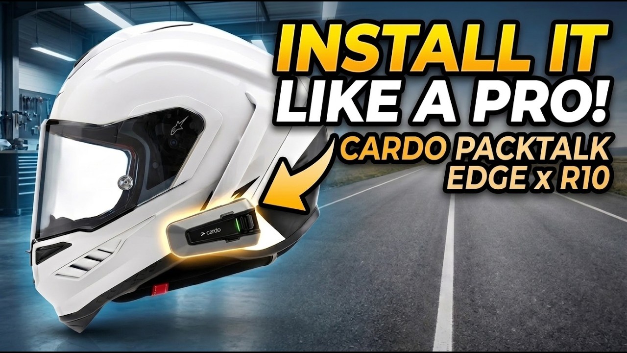 White Alpinestars Supertech R10 helmet with a Cardo Packtalk Edge communicator mounted on the left side