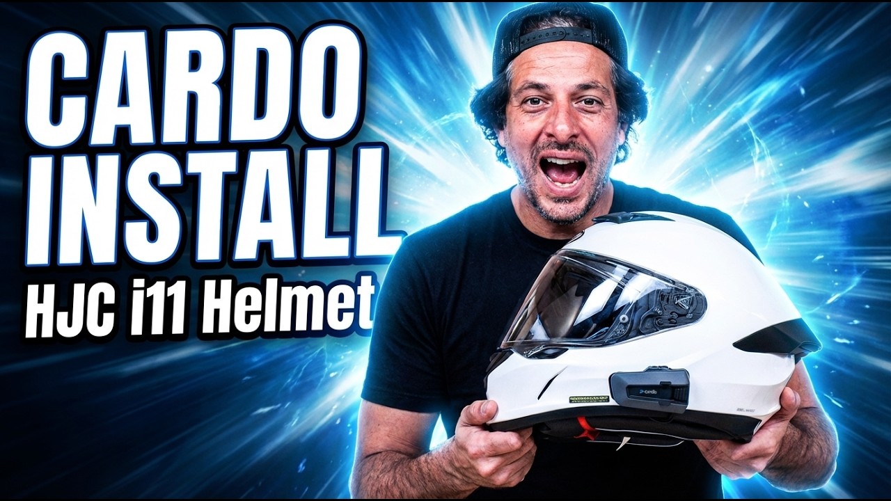 Adam Waheed holding a white HJC i11 helmet next to 'Cardo Install HJC i11 Helmet' text