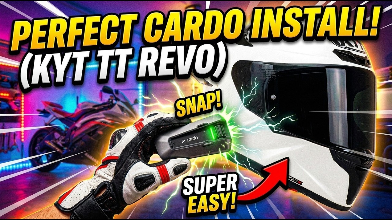 White KYT TT-Revo helmet with a Cardo Packtalk Edge communicator snapping onto its magnetic mount