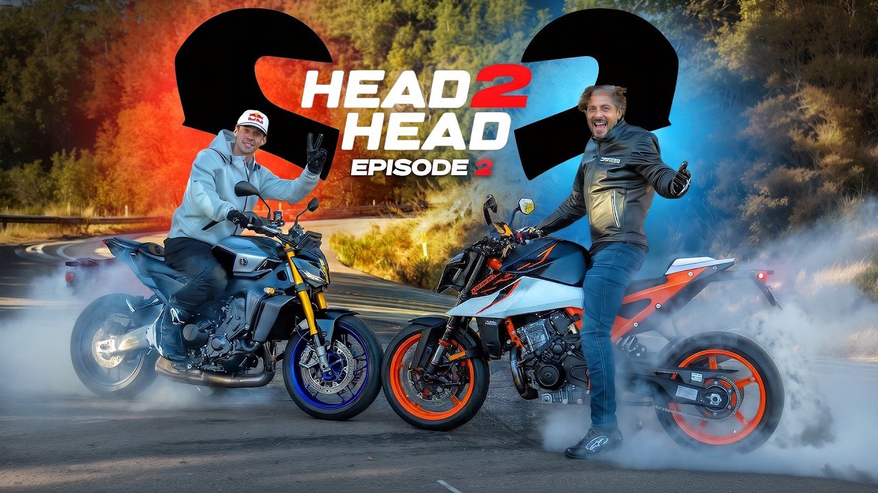 Aaron Colton on a 2026 Yamaha MT-09 SP and Adam Waheed on a 2026 KTM 990 Duke R doing burnouts on a canyon road in Head 2 Head Episode 2 thumbnail art