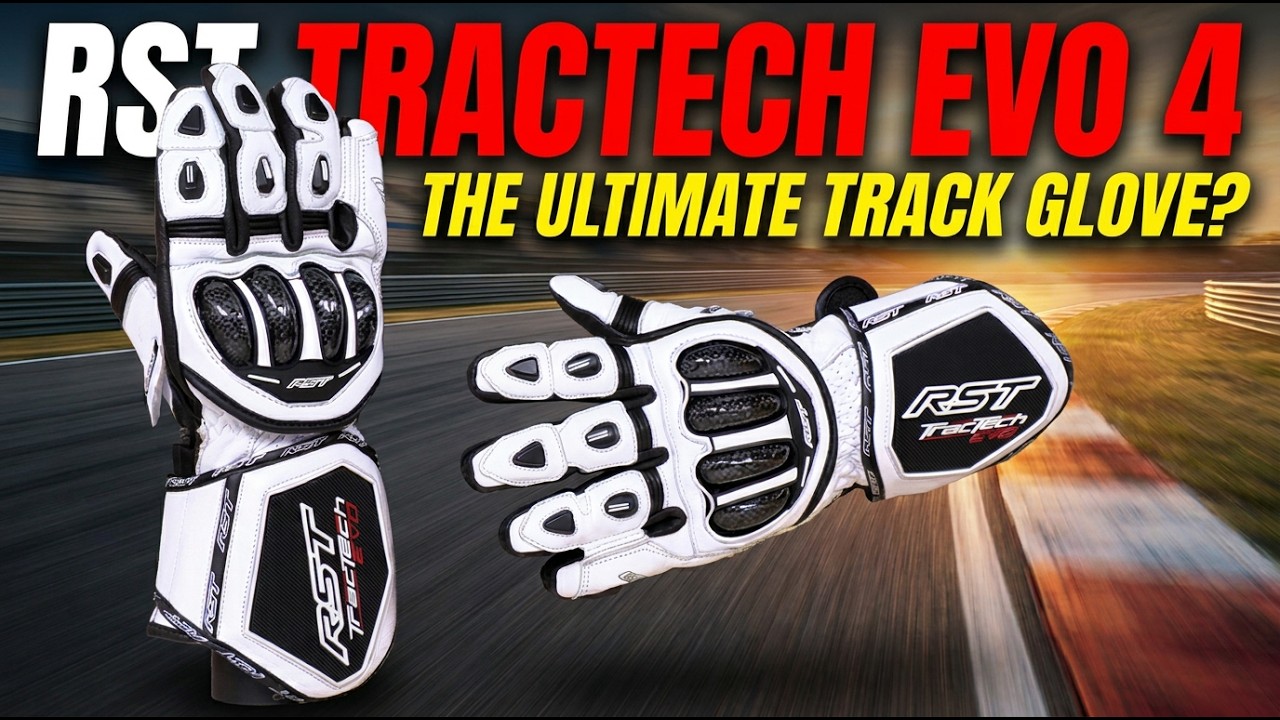 White and black RST Tractech Evo 4 full-gauntlet leather racing gloves with carbon knuckle protectors