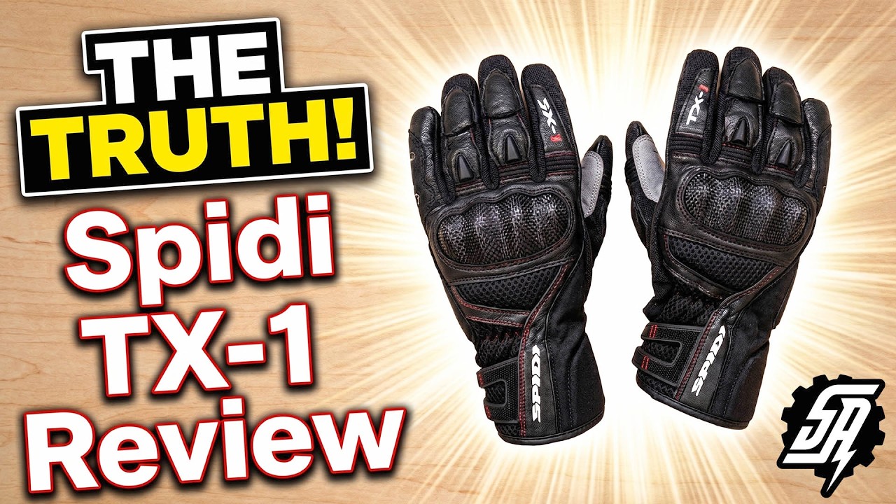 Black Spidi TX-1 leather and mesh motorcycle gloves with hard knuckle protector shown front and back